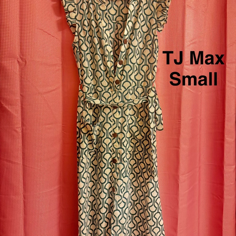 T.J.Maxx Green and White Patterned Midi Dress